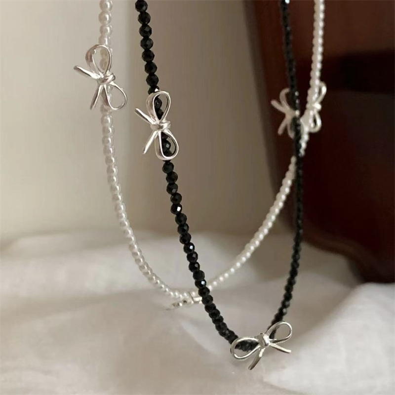 Pearl Trim Chain - Black Beaded Bowknot Pearl Necklace for