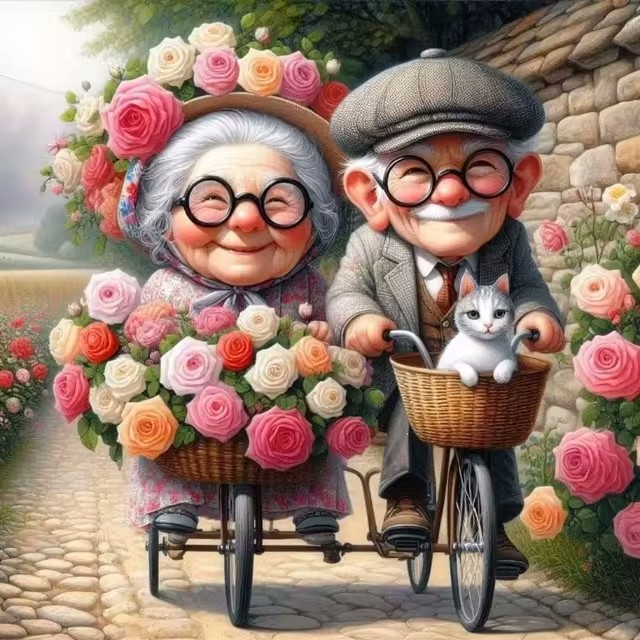 Cartoon Happy Old Couple 5D Fu - Embroidery Embellishments のレビューと価格